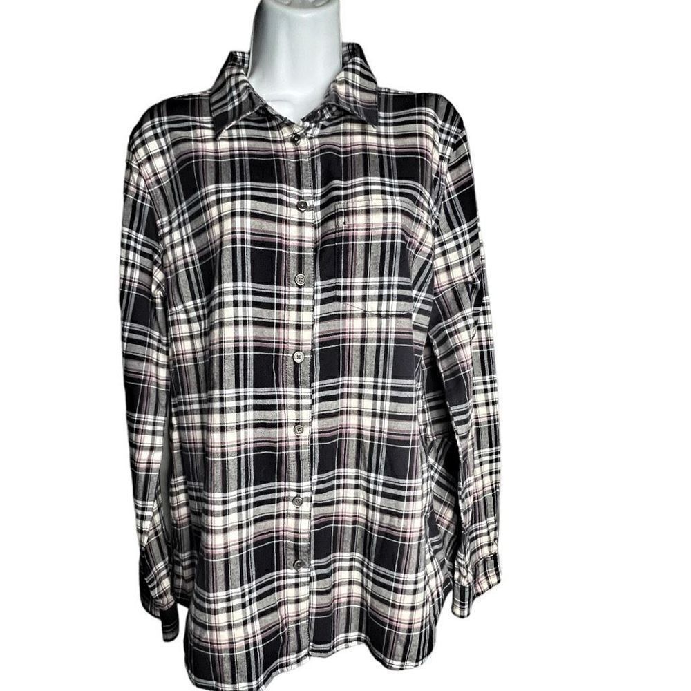 G.H. Bass and Co Women's Plaid Long Sleeve Button Up Shirt Navy White Size Large